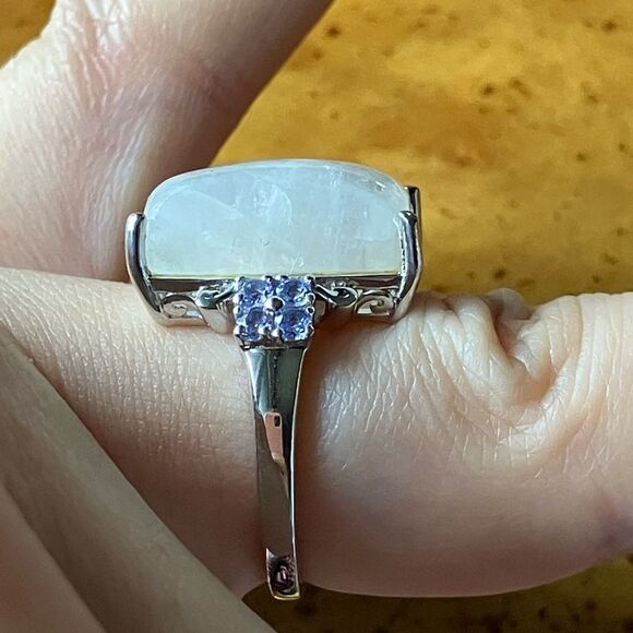 Natural Rainbow Moonstone Tanzanite Sterling Silver Ring Size 6 - Picture 3 of 9